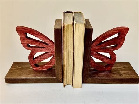 Butterfly Bookends Cranberry And Dark Walnut Handmade Set Of 2