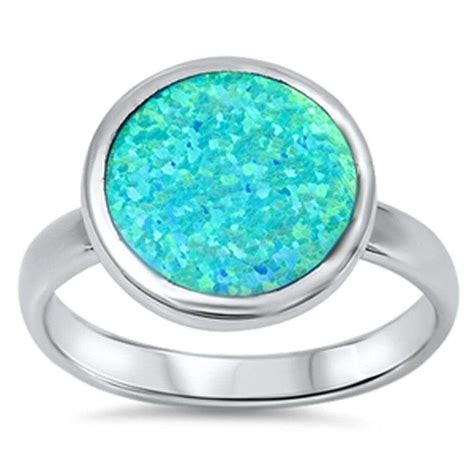 Round Sky Blue Opal Set In The Band Sterling Silver Rings Blue Opal