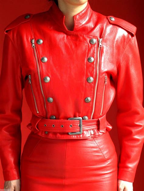 North Beach Red Military Leather Suit Jacket And Skirt 56 Suits