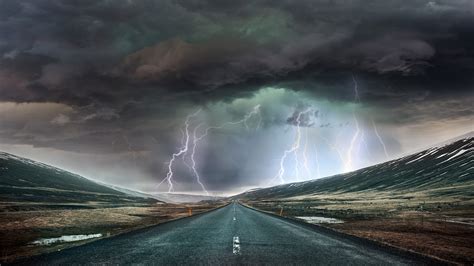 Road Between Lands With Lightning From Black Cloudy Sky 4k Hd Nature