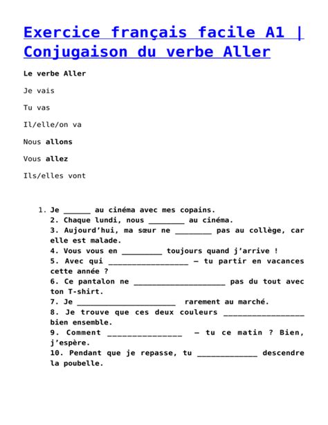 Exercice français facile A Conjugaison du verbe Aller
