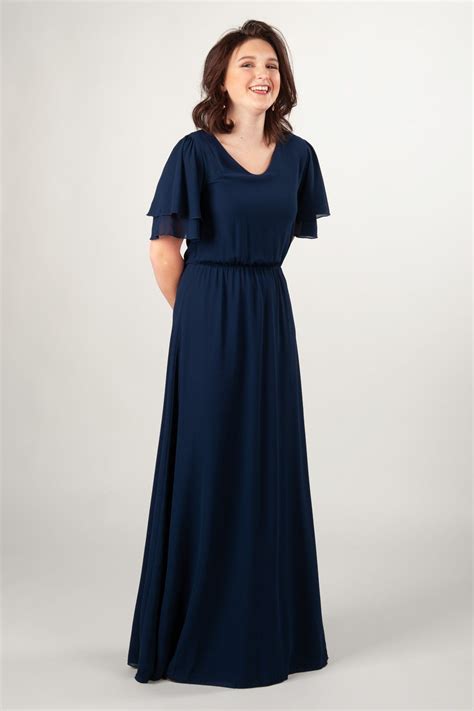 Mw25437 Navy Modest Dresses Bridesmaid Dresses With Sleeves Modest