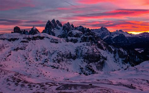 Wallpaper Mountain Snow Peaks Sunset Tre Cime Di Lavaredo Mountain