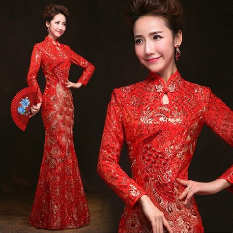 Red Cheongsam Dress Bride Wedding Qipao Traditional Chinese Clothing Oriental Dresses Robe
