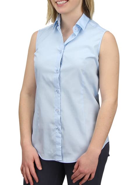 women s sleeveless collared shirt 100 cotton button down work casual shirt blouse light blue