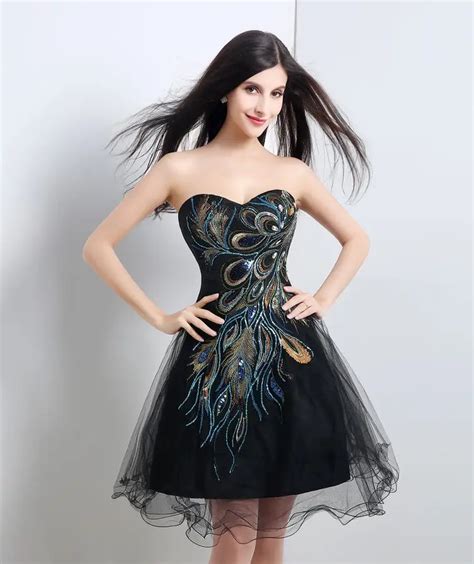 In Stock Embroidery Peacock Black Cocktail Dress Cheap Pirce Short Mini