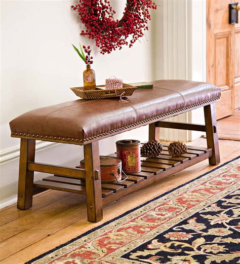 Canyon Brown Leather And Wood Bench With Slatted Bottom Shelf