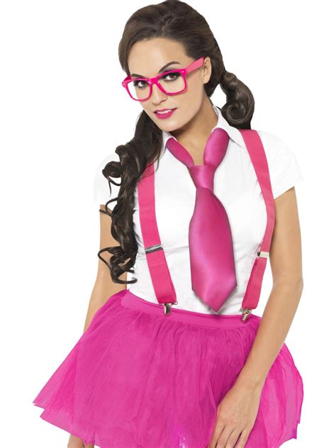 Pink Glam Geek Nerd Set Ladies Fancy Dress Back To School Uniform