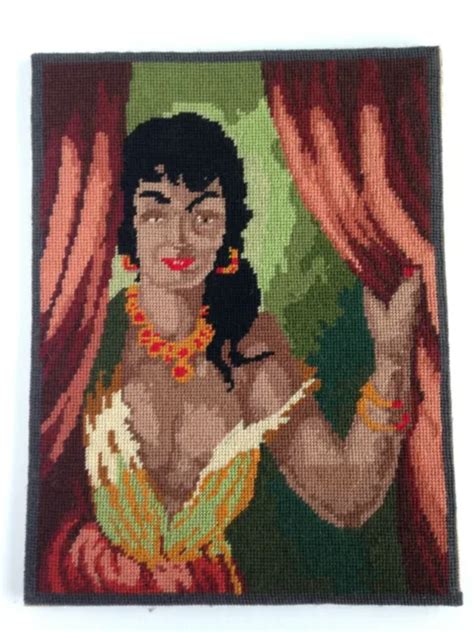 Vintage Needlepoint Gypsy Exotic Sexy Woman Cleavage Cheesecake Kitsch Un Framed 27 20 Picclick