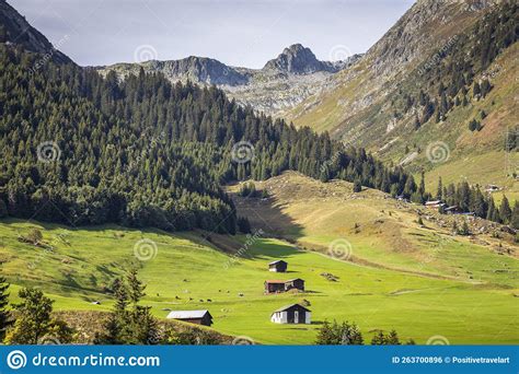 Idyllic Landscape Of Farms In Graubunden Canton Swiss Alps