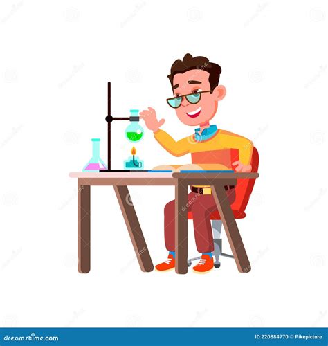 Genius Boy Kid Testing Chemical Theory In Lab Cartoon Vector Stock
