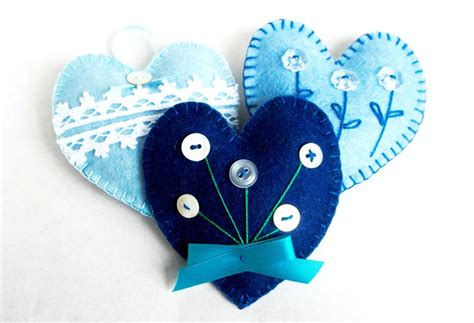 Heart Ornament Felt Set Of 3 Blue Button Flower Handmade Etsy