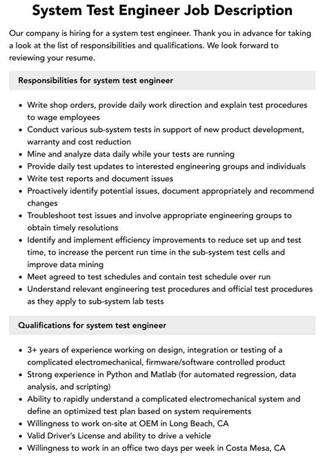 System Test Engineer Job Description Velvet Jobs