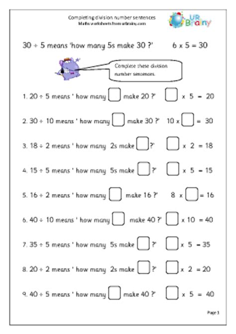 complete division number sentences division maths worksheets  year
