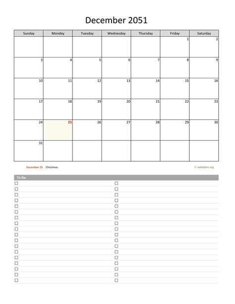 December 2051 Calendar With To Do List