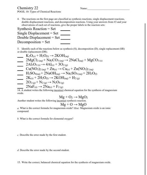 Pogil Types Of Chemical Reactions Worksheet Answers 2 Learn