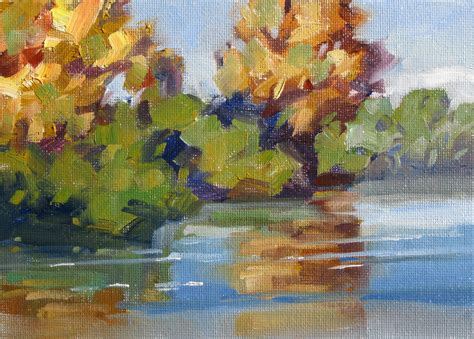 Tom Brown Fine Art Reflections Of Autumn Trees In Lake Plein Air Oil