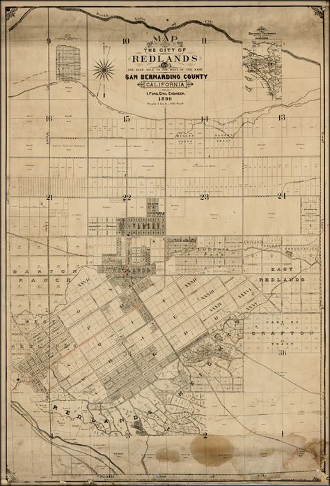 Map Of The City Of Redlands And One Half Mile To The West Of The Same