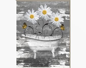 Rustic Bathroom Wall Art Daisy Flowers Butterflies Vintage Etsy