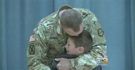 soldier comes home and surprises son at school during fake assembly cbs philadelphia