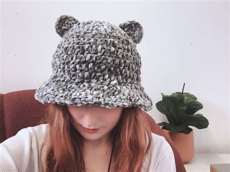 Crochet Velvet Bucket Hat With Bear Ears Vegan Etsy