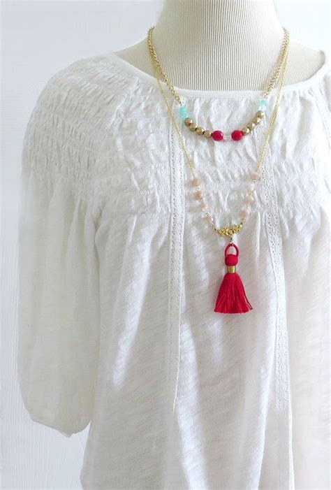 Red Tassel Necklace Blush Beaded Strand By Laurenblythedesigns Long