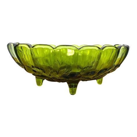 S Oval Green Glass Footed Fruit Bowl Vintage Fruit Bowl Decor