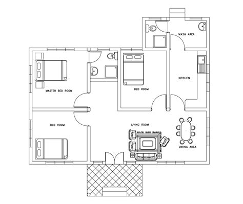Three Bed Room Small House Plan Dwg Cad Blocks Jhmrad 169026