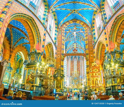 Panorama Of Interior Of St Mary Basilica Krakow Poland Editorial
