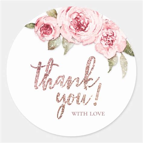 Rose Gold Glitter Pink Floral Thank You Classic Round Sticker