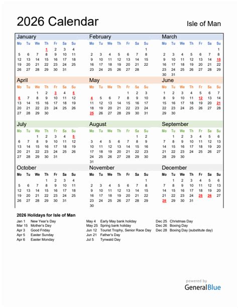 Annual Calendar 2026 With Isle Of Man Holidays