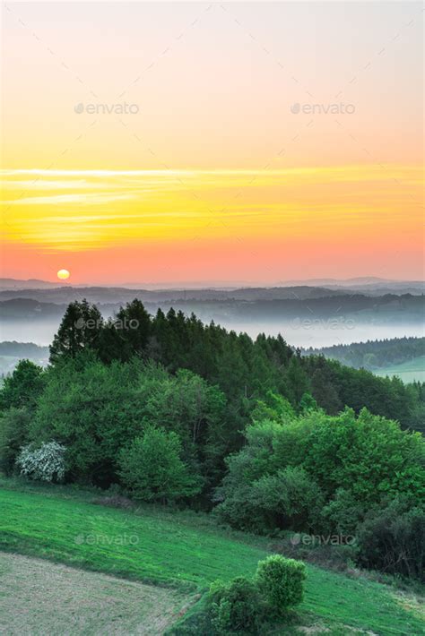 Beautiful Sunrise Over Hills Foggy Morning Stock Photo By Merc67