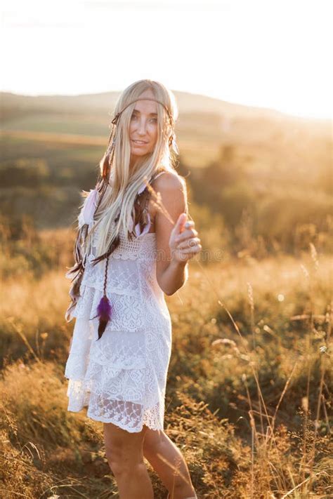 Beautiful Young Hippie Boho Style Woman In White Dress Close Up