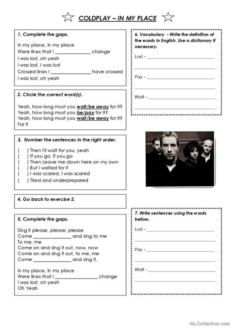 Song Activity Coldplay In My Plac English Esl Worksheets Pdf And Doc