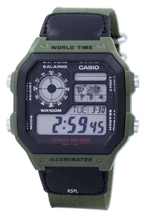 It has 5 independent alarms, a stopwatch feature, countdown timer, automatic calendar, 12 and 24 hour time, and. Casio World Time Alarm Digital AE-1200WHB-3BV Men's Watch ...