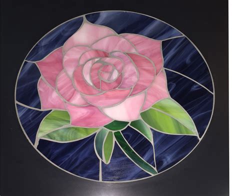 Pink Rose Of Spectrum Glass Inlay In Black Granite Mosaic Flowers