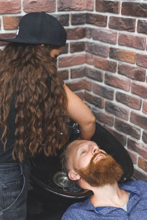 Barber Woman Washes Customer Man Head Concept Barbershop Stock Image