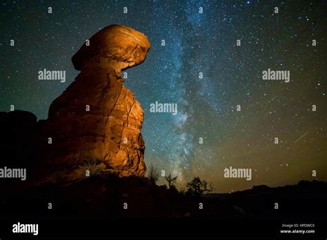 Night Shot Of Balanced Rock At Arches National Park In Utah With The