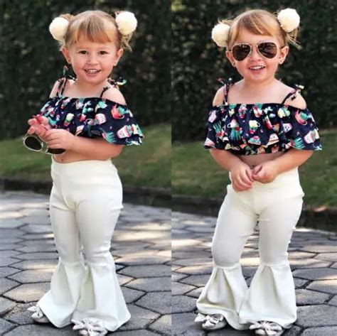 Toddler Kids Girls Off Shoulder Strap Floral Crop Tops Flares Pants