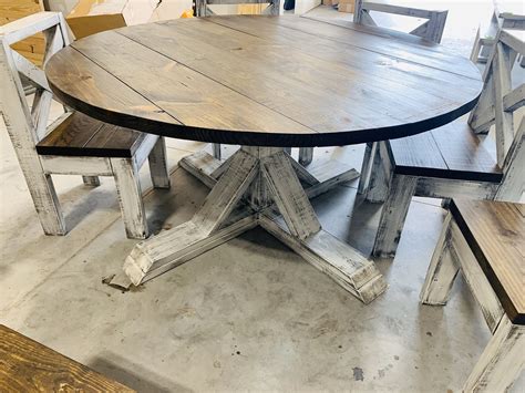 5ft Round Rustic Farmhouse Table with chairs, Single ...