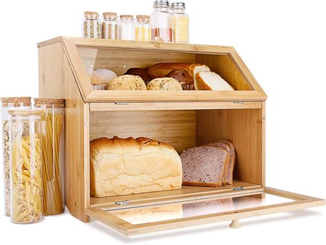 Double Layer Large Bread Box For Kitchen Counter Wooden Large Capacity