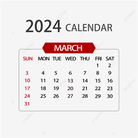 March 2024 Calendar Simple Red Calendar March Two Thousand And