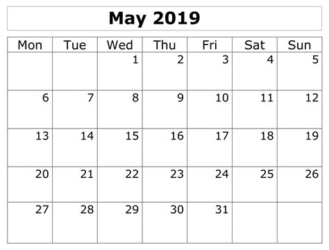 Free Printable May 2019 Calendar