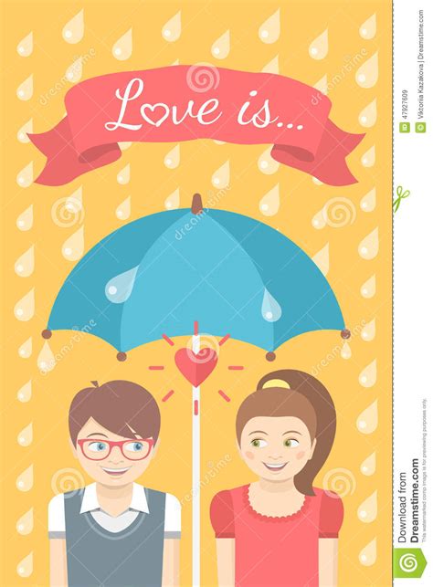 Boy And Girl In Love Under An Umbrella In The Rain Stock Vector