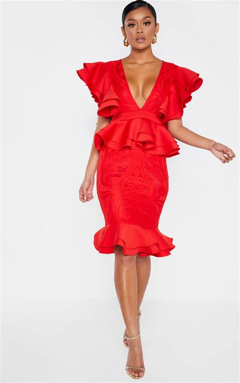 Red Ruffle Detail Plunge Midi Dress Prettylittlething Ca