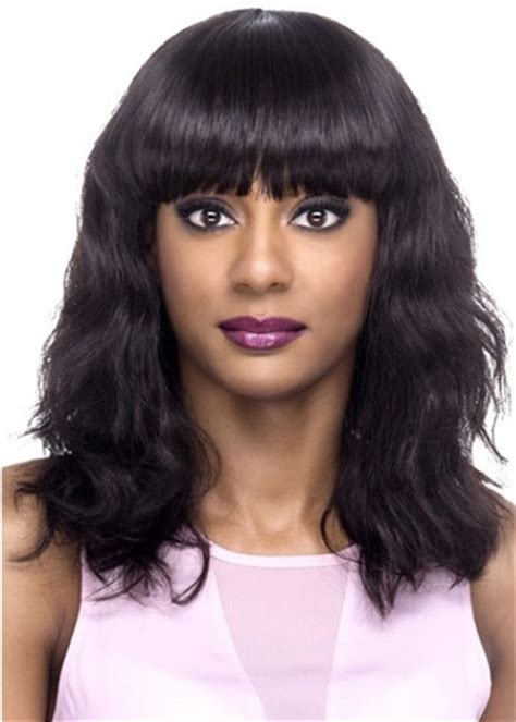 African American Wigs Natural Wavy Human Hair Wig With Full Bangs 16