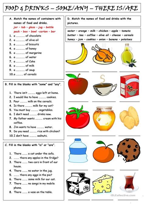 FOOD DRINKS SOME ANY THERE IS ARE English ESL Worksheets For