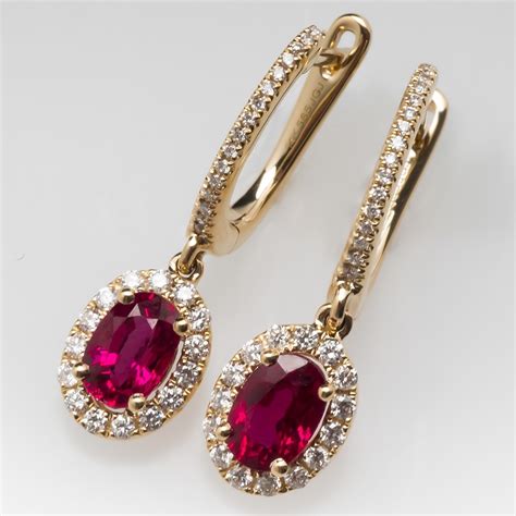 Bright Red Ruby Dangle Earrings With Diamond Halo 14K Yellow Gold