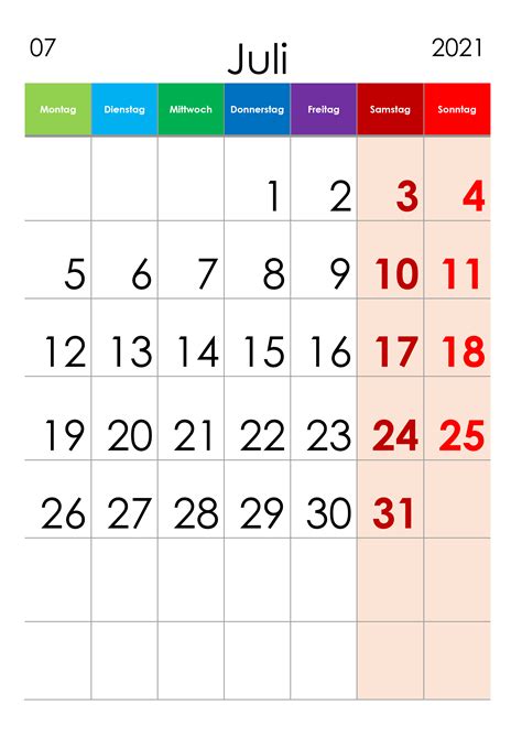 Kalender Juli 2021 Grosse Ziffern Im Hochformat Kalendersu