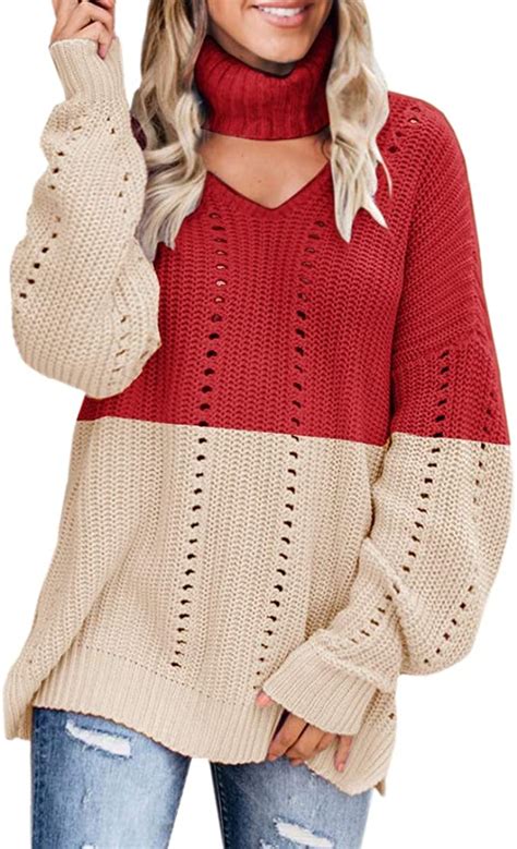 Womens Plus Size Sexy V Neck Sweaters Turtleneck Choker Tops Oversized Cable Knit Chunky